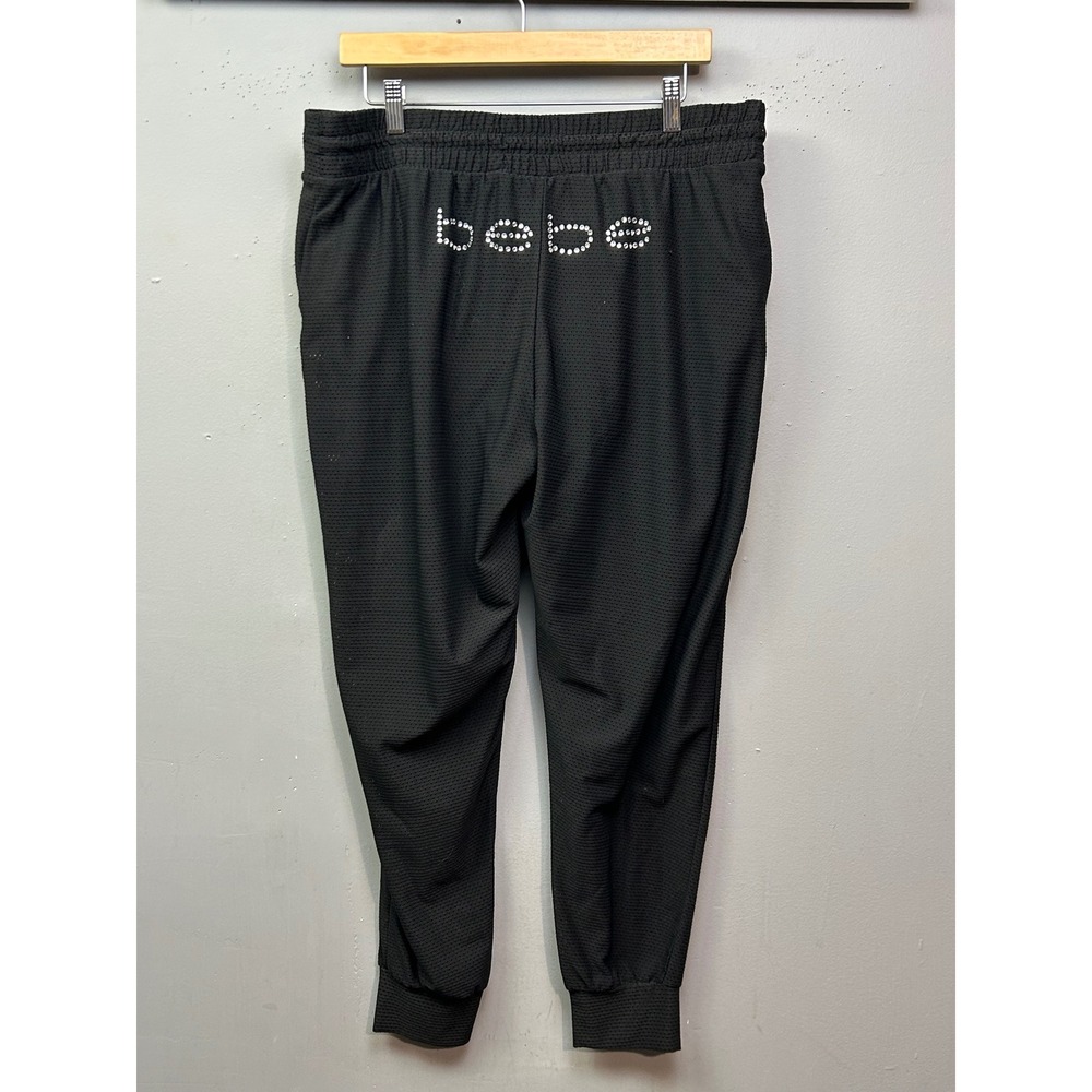 Bebe Sport Womens XL Black‎ Mesh Joggers Rhinestone Bling Logo High Rise Pants